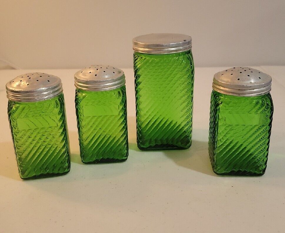 Vintage 1930's Owens set of 4 ILLINOIS Emerald Green Ribbed Glass Hoosier  