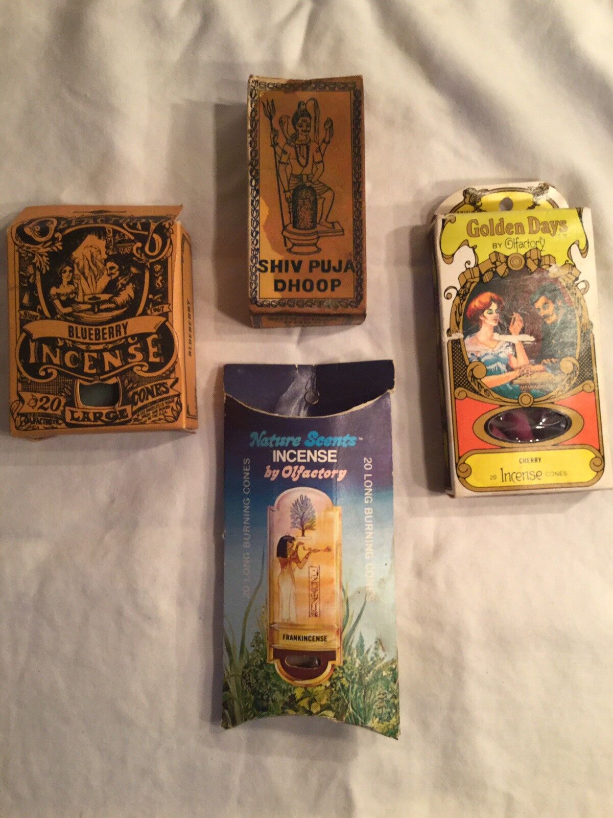 Lot of 4 Incense Vintage never used 70's Shiv Puja Dhoop & olfactory 110 cones