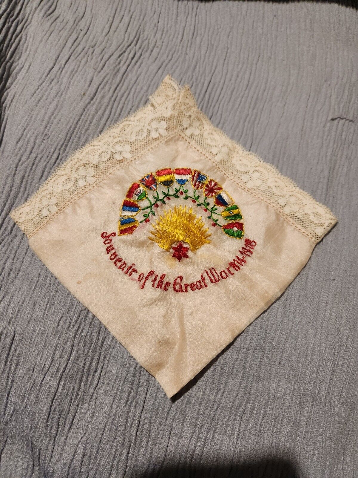 Antique Hand Made Embroidered Needlepoint Military Handkerchief WW1