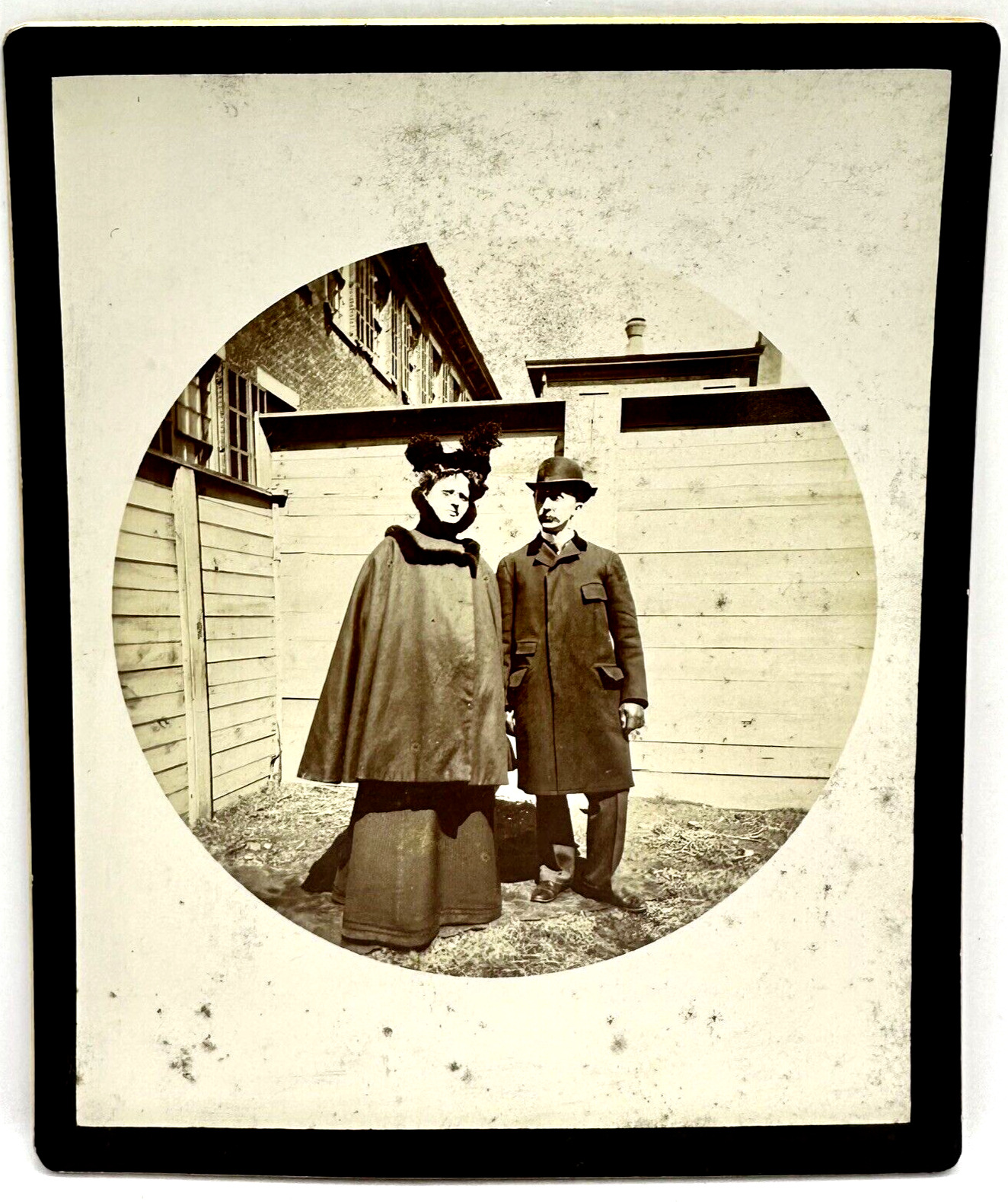 Antique Circular Kodak Photo of Victorian Couple Posing Outside Building 1891