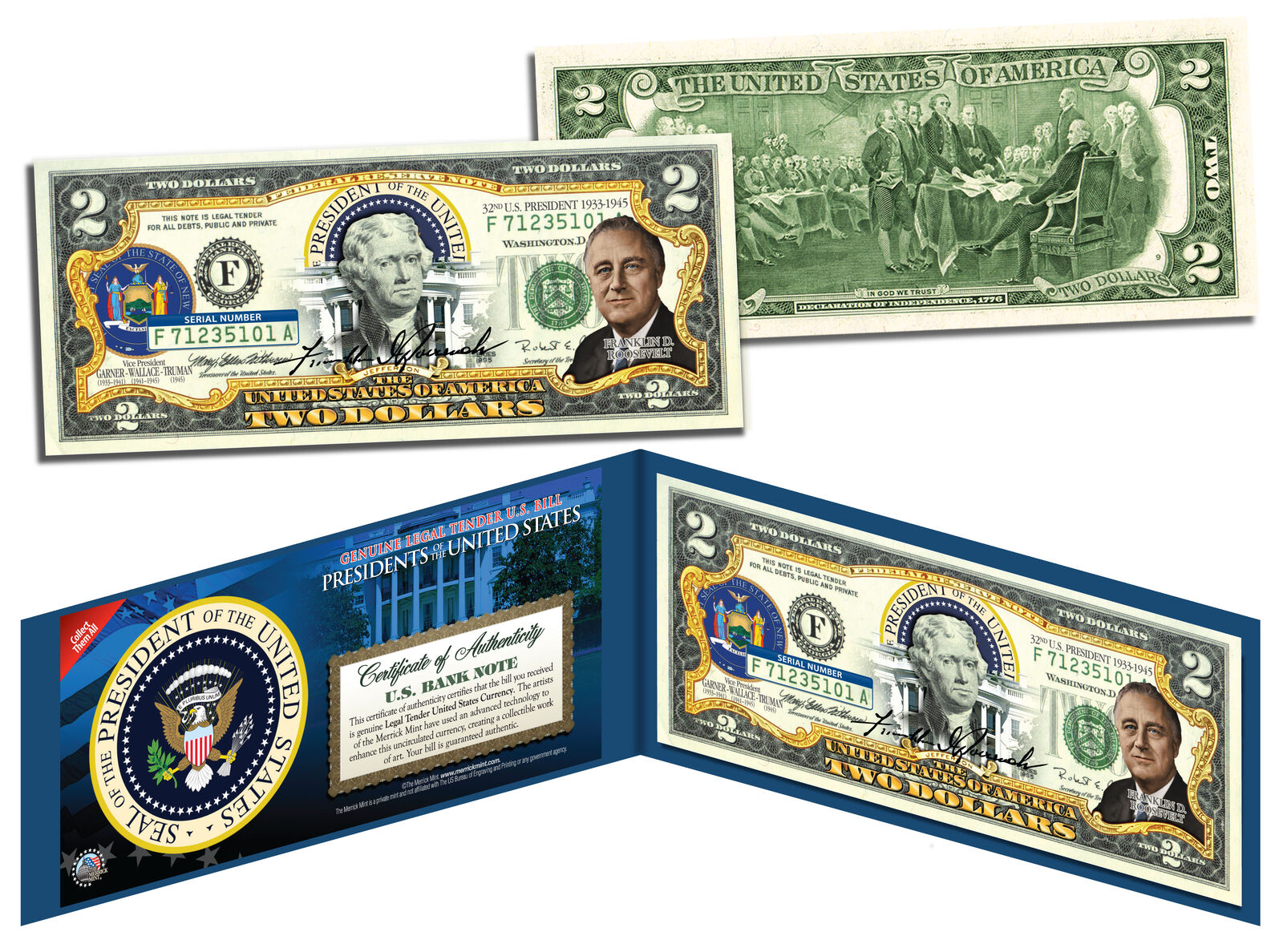 FRANKLIN D ROOSEVELT * 32nd U.S. President * Colorized $2 Bill Legal Tender FDR