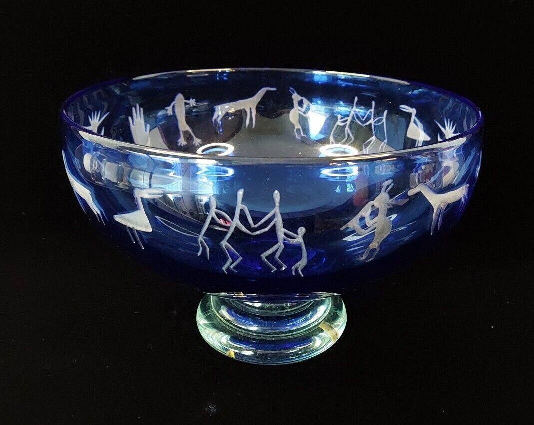 Large Steven Correia Art Glass Etched Native Motif Blue Bowl LE Signed #14/200
