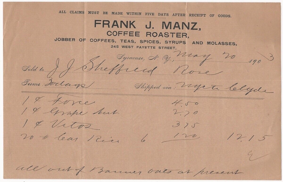 Coffee Roaster Teas Spices &c 1903 Frank J. Manz Syracuse New York Food Billhead