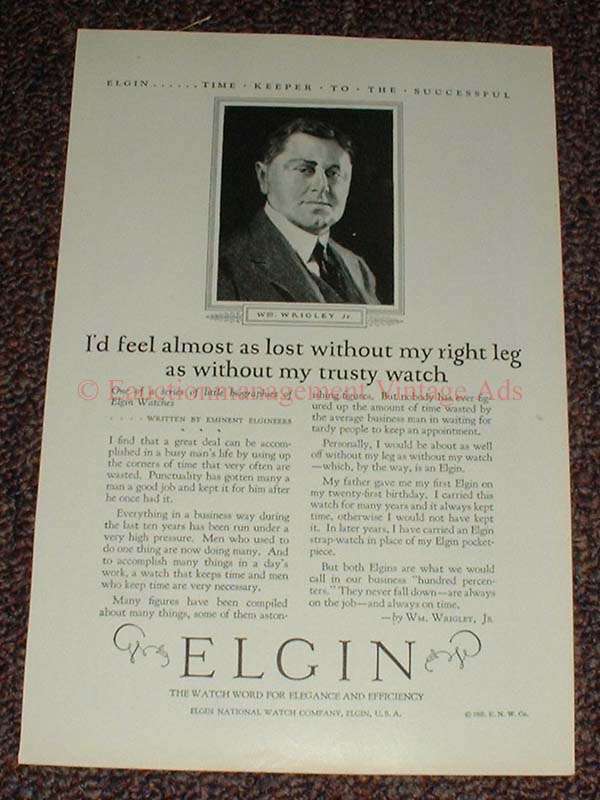 1925 Elgin Watch Ad w/ Wm. Wrigley Jr. - Trusty Watch