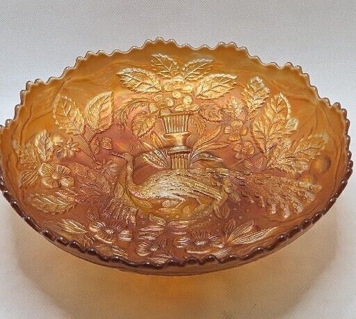 Antique/ Vintage FENTON Peacock & Urn Marigold Carnival Glass Bowl c1908 Perfect
