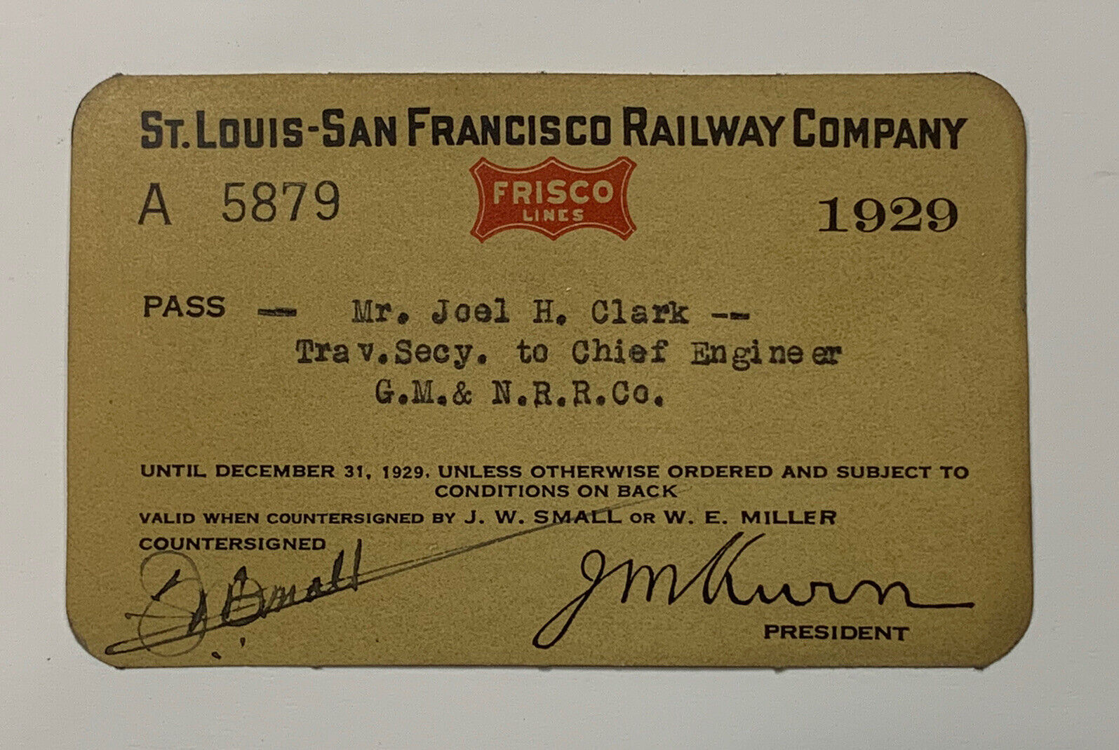 VINTAGE TRAIN PASS: 1929 FRISCO LINES - St Louis - San Francisco Railway Co.
