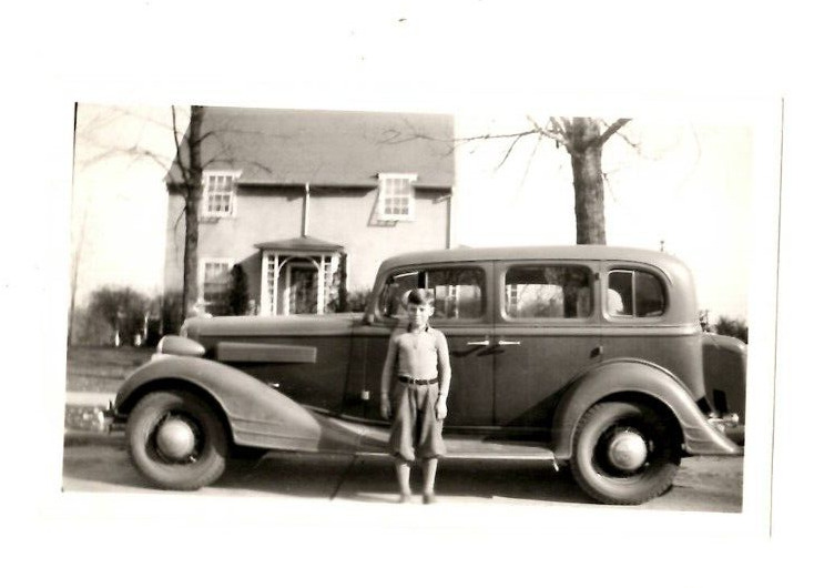 Vintage Photograph Boy Next to 1934 Oldsmobile? House Tree Black & White Car