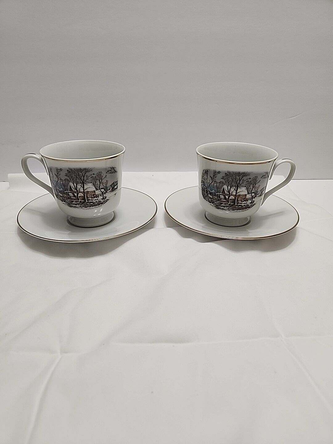 Vintage Avon China 2 Tea  Cups and 2 Saucers Snowy Winter Water Mill 1981