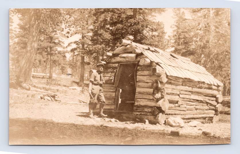 Hatchet Man at Tiny Log Cabin GILMORE LAKE Tahoe California RPPC El Dorado 1916