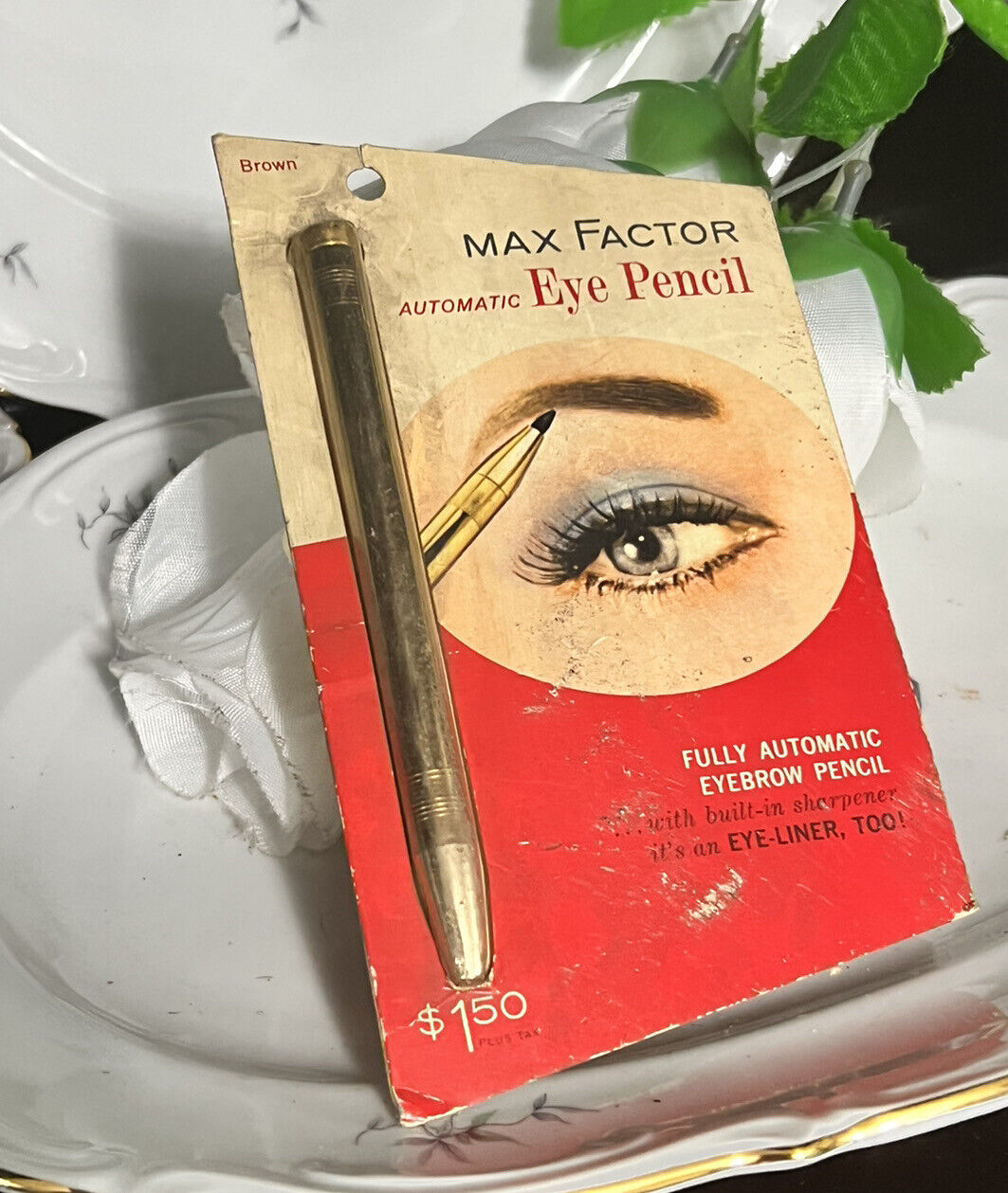VINTAGE MAX FACTOR HOLLYWOOD GOLD METAL AUTOMATIC EYE PENCIL LINER BROWN  NEW