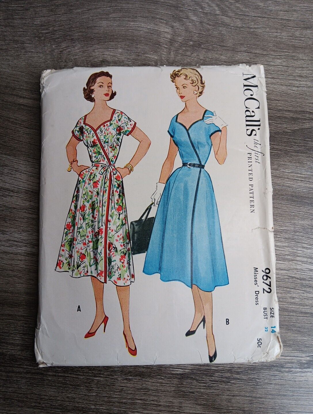 McCalls 9672 Misses Dress Sz 14 Bust 32 First Printed Pattern Uncut USA 1954
