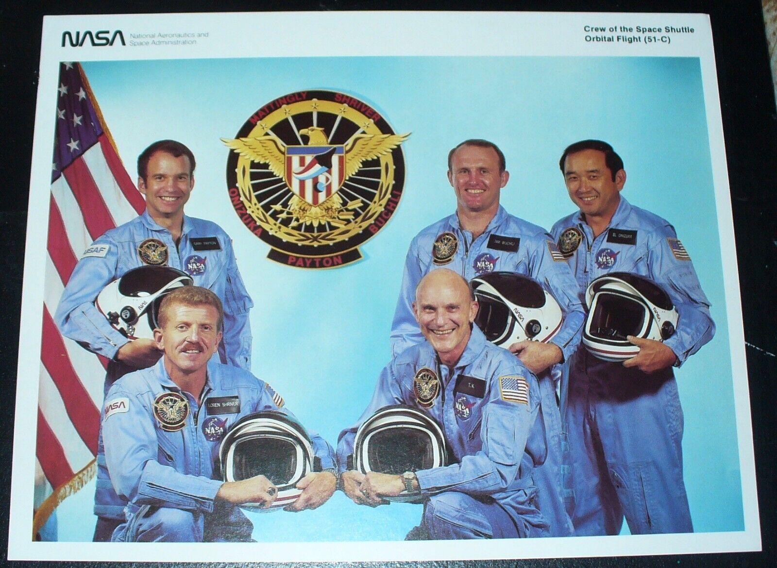rare NASA Space Shuttle Discovery STS-51-C  Crew photo Mattingly, Onizuka, Buchl
