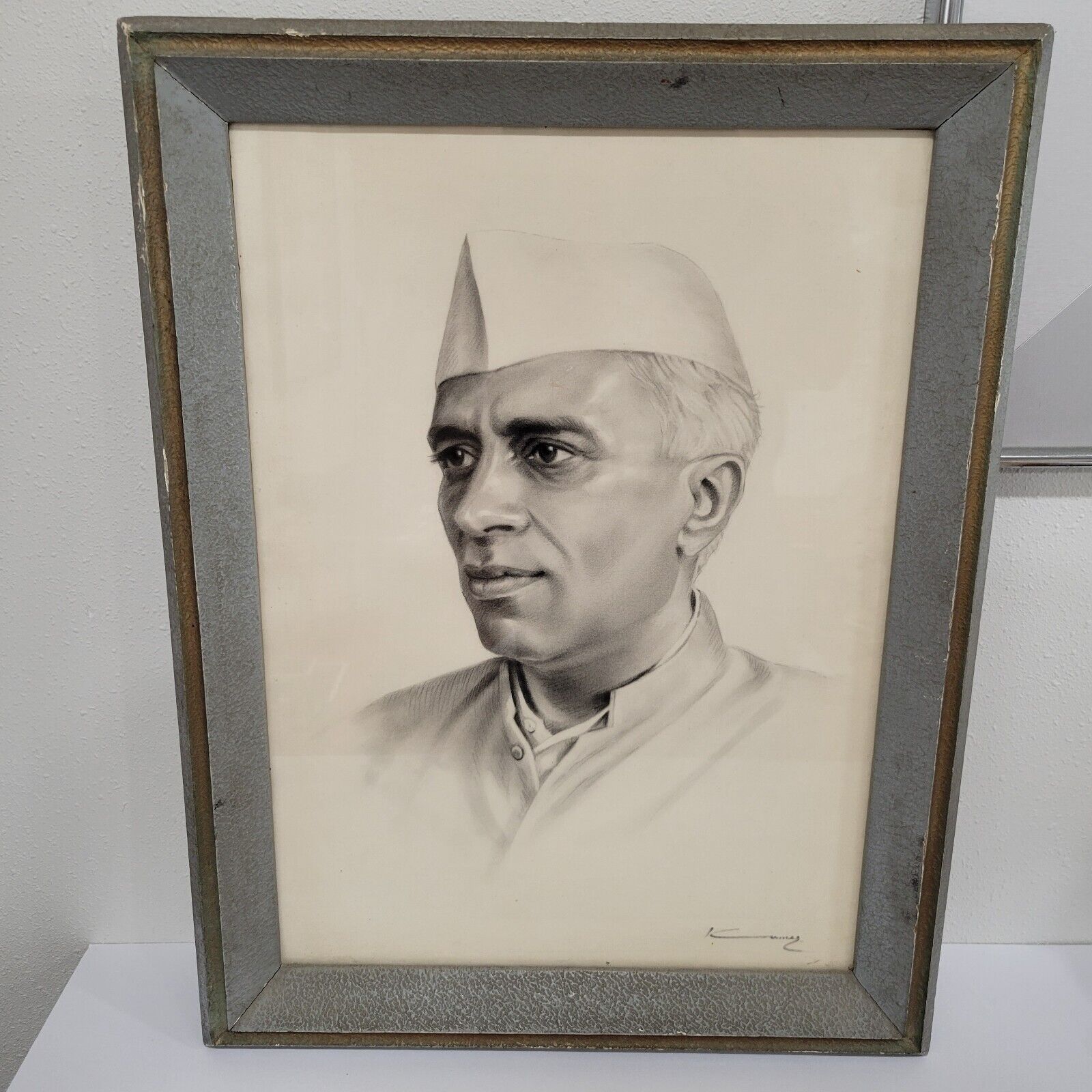 Jawaharlal Nehru Portrait In Pencil Original Bombay Frame Signed Kumar  15x21 in
