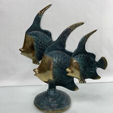 Vintage Aquatic Decor Solid Brass 3 Fishes Swimming 10 Inch Rare Painted Brass picture