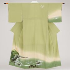 Japanese Silk Kimono Houmongi Gold Wavy Sea Folding Screen Rock Tree Green 64