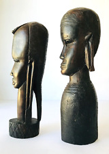 African Carved Wood Man Woman Heads Busts Ebony Ironwood 2 Figurines 8.75