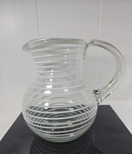 Hand Blown Glass White Striped Iced Tea Margarita Pitcher Ice Water Mexico picture