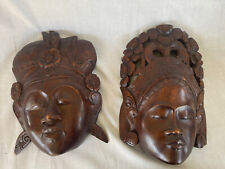 Vintage Indonesia Hand Wood Carvings Man Woman Heads Ornate-Wall Hangings Brown picture