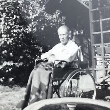Vintage Black and White Photo Old Elderly Man Sitting Wheelchair Backyard Garden picture