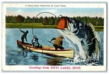1934 It Takes Real Fishermen Fifty Lakes Minnesota Exaggerated Fishing Postcard picture