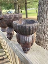 1971 African hand carved three face bust Set  With Ashtray On Top Vintage picture