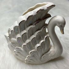 Vintage Ceramic Swan Planter Vase Gilded Iridescent Succulent 9 Inches Tall  picture