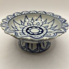 Vtg Estate Hand Painted Porcelain Pedestal Offering Bowl Trinket Dish Blue White picture