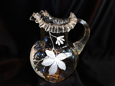 EAPG Clear Enamel Painted Ruffled Glass Jug Pitcher Paneled Optic Hand Blown picture