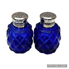 Vintage Cobalt Blue Glass Diamond Patteren Mini Salt & Pepper Shakers Set Japan picture