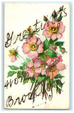 c1910s Greetings from Brooklyn New York NY Posted Glittered Floral Postcard picture