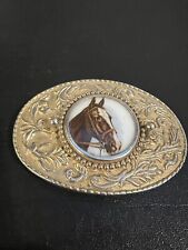 Vintage MAFCO Belt Buckle Horse Portrait Gold Floral Details picture