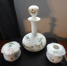Victorian Milk Glass Enameled Boudoir Dresser Set Bottle Box Hair Receiver  picture