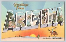 Postcard Arizona Large Letter Greetings Cowboy On Horse Desert Unposted Linen NM picture
