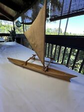 Vintage Hand Carved Wooden Polynesian Outrigger Canoe with  Bark Cloth Sail 19”L picture