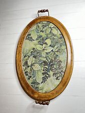 Vintage Wood Oval Serving Tray Tapestry Inlay Under Glass Brass & Wood Handles picture