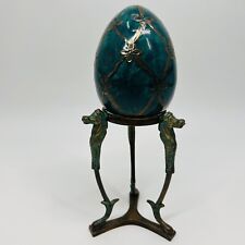 Hand Painted Ceramic Egg On Ornate Brass Stand Teal Gold Horses Patina  picture