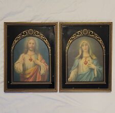 Pair Antique 1930s Sacred Heart of Jesus Mary Lithograph Reverse Painted Glass picture