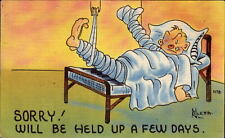 Medicine hospital pun comic ~ man traction bed HELD UP A FEW DAYS ~ 1954 picture