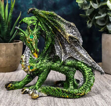 Ebros Metallic Green and Silver Crouching Emerald Dragon Statue 4.75