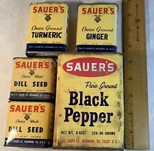 Sauer’s Spice Tin Lot 5 vintage Dill seed Black Pepper Ginger, a sealed Turmeric picture