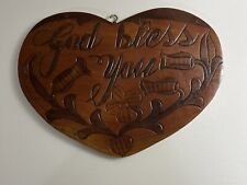Vintage Carved GOD BLESS YOU Wood  Wall Plaque HEART SHAPED picture