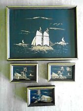 RARE Chinese Art - 4 Bamboo Wood Mosaics on Silk(?) - Framed 1950s Originals picture