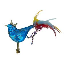 Hand Blown Blue Glass Bird Christmas Clip-on Ornament Crown Feathers Seed Beads picture