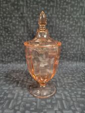 Vintage Pink Depression Glass, Pedestal Candy Dish with Lid, Floral Etched picture