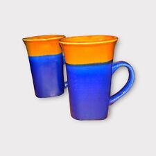 Two Tone 14oz Stoneware Ceramic Coffee Mugs High Quality Cobalt Blue & Leather picture