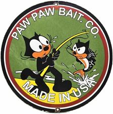 VINTAGE PAW PAW TACKLE FISHING LURES PORCELAIN SIGN GAS BAIT OUTBOARD FELIX CAT picture