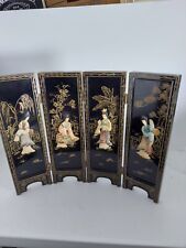 Vintage Japanese Chinese Geisha Black Lacquered Tabletop Panels 14” picture