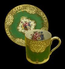 Crown Staffordshire Hand Painted Green Gold Gilt Floral Demitasse & Saucer Vtg picture