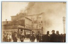 1909 Disaster Fire Firemen Building Smoke Crowd Manistee MI RPPC Photo Postcard picture
