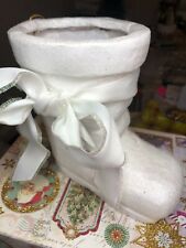Vtg Big WHITE SANTA'S BOOT Paper Mace Mica Snow Ribbon ORNAMENT Figurine a picture